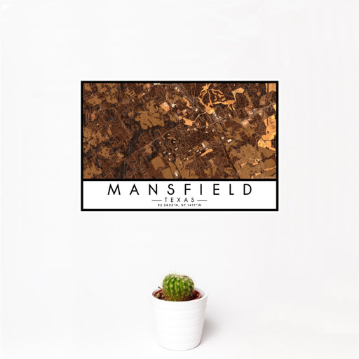 12x18 Mansfield Texas Map Print Landscape Orientation in Ember Style With Small Cactus Plant in White Planter