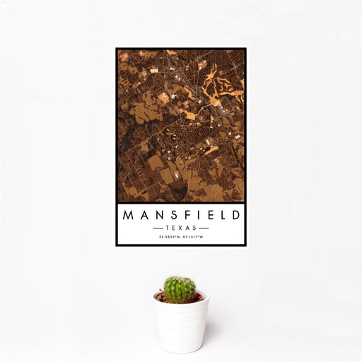 12x18 Mansfield Texas Map Print Portrait Orientation in Ember Style With Small Cactus Plant in White Planter