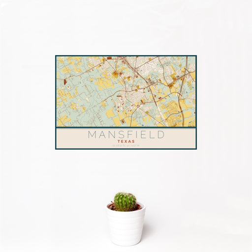 12x18 Mansfield Texas Map Print Landscape Orientation in Woodblock Style With Small Cactus Plant in White Planter