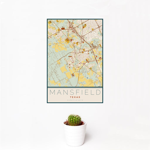 12x18 Mansfield Texas Map Print Portrait Orientation in Woodblock Style With Small Cactus Plant in White Planter