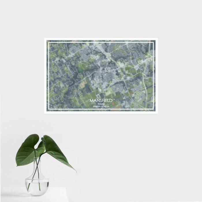 16x24 Mansfield Texas Map Print Landscape Orientation in Afternoon Style With Tropical Plant Leaves in Water