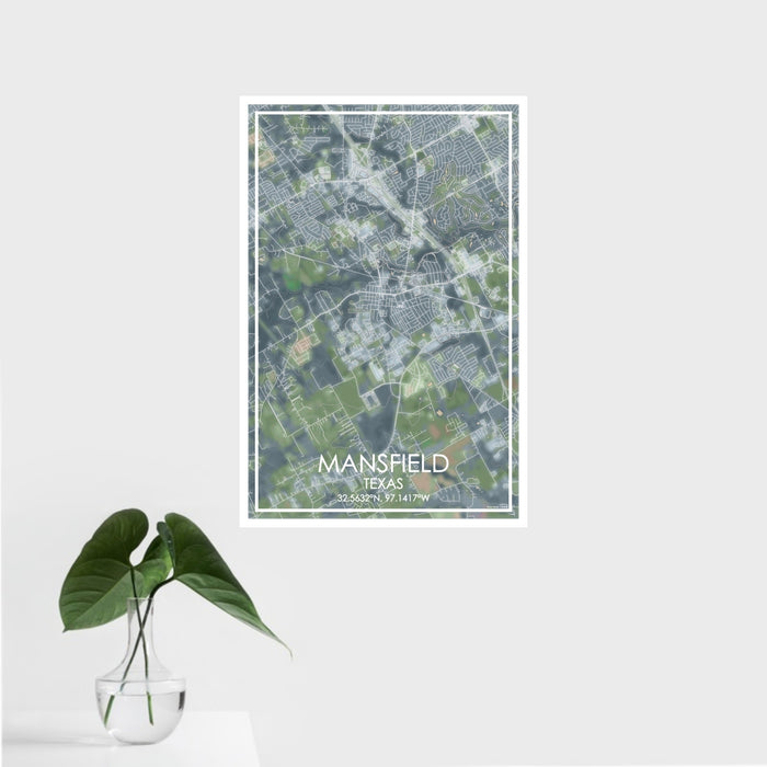 16x24 Mansfield Texas Map Print Portrait Orientation in Afternoon Style With Tropical Plant Leaves in Water