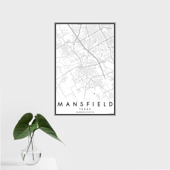 16x24 Mansfield Texas Map Print Portrait Orientation in Classic Style With Tropical Plant Leaves in Water