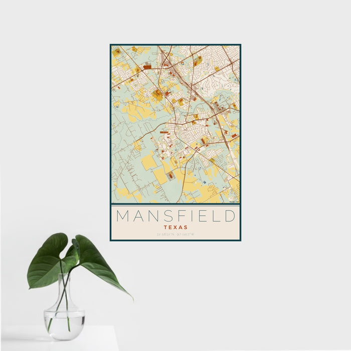 16x24 Mansfield Texas Map Print Portrait Orientation in Woodblock Style With Tropical Plant Leaves in Water