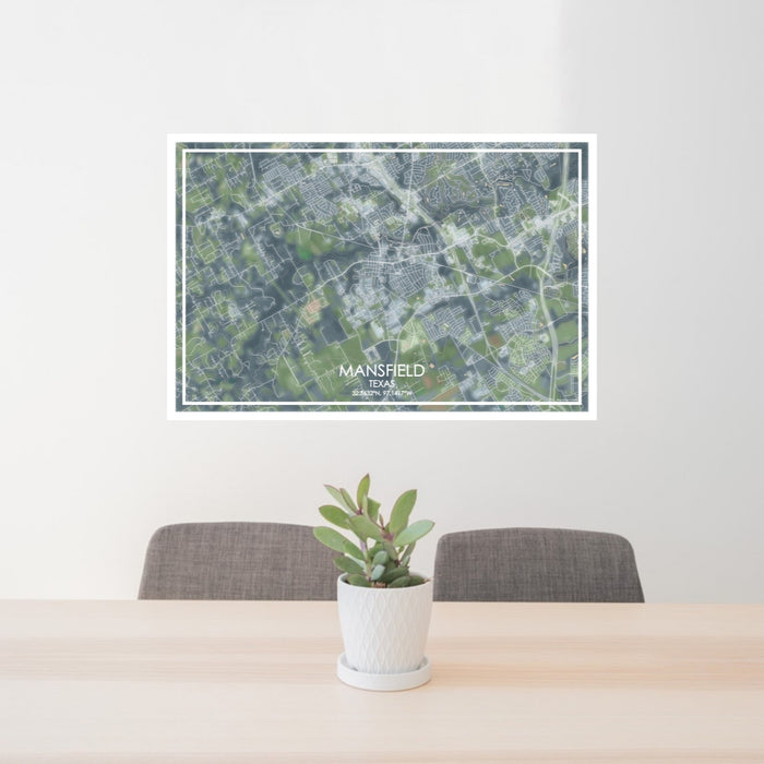 24x36 Mansfield Texas Map Print Lanscape Orientation in Afternoon Style Behind 2 Chairs Table and Potted Plant