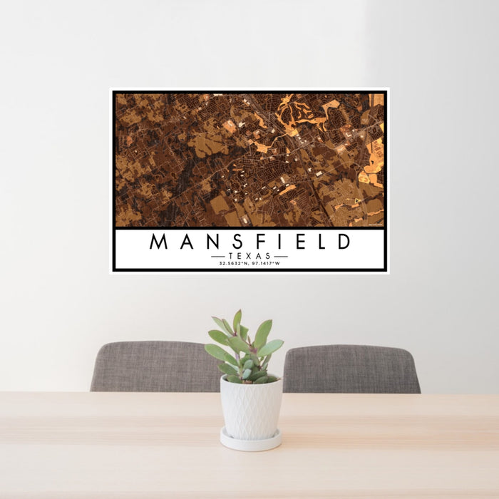 24x36 Mansfield Texas Map Print Lanscape Orientation in Ember Style Behind 2 Chairs Table and Potted Plant