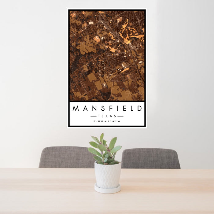 24x36 Mansfield Texas Map Print Portrait Orientation in Ember Style Behind 2 Chairs Table and Potted Plant