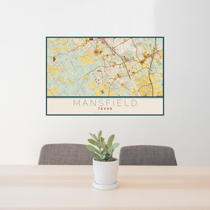 24x36 Mansfield Texas Map Print Lanscape Orientation in Woodblock Style Behind 2 Chairs Table and Potted Plant