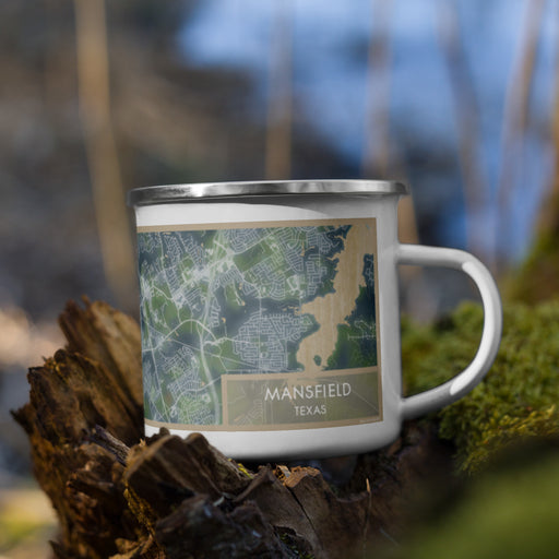 Right View Custom Mansfield Texas Map Enamel Mug in Afternoon on Grass With Trees in Background