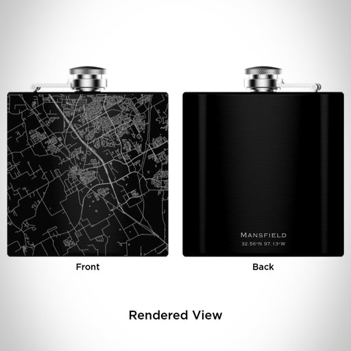 Rendered View of Mansfield Texas Map Engraving on 6oz Stainless Steel Flask in Black