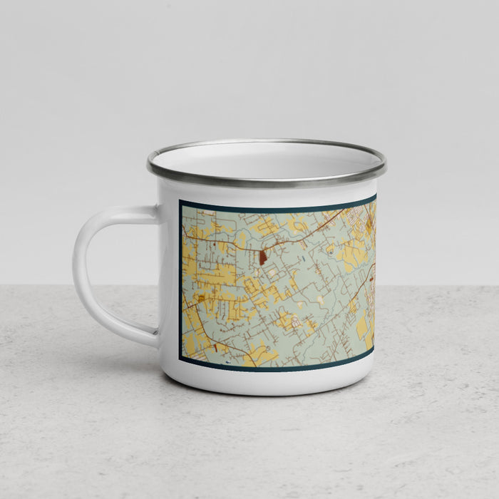 Left View Custom Mansfield Texas Map Enamel Mug in Woodblock