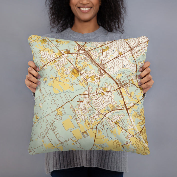 Person holding 18x18 Custom Mansfield Texas Map Throw Pillow in Woodblock