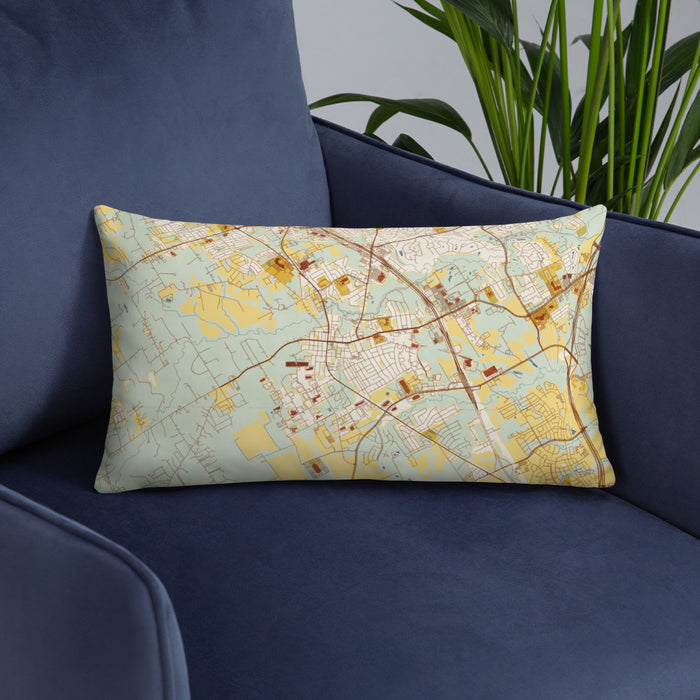 Custom Mansfield Texas Map Throw Pillow in Woodblock on Blue Colored Chair