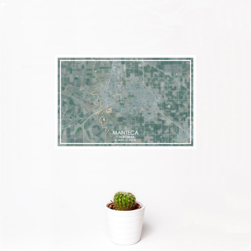 12x18 Manteca California Map Print Landscape Orientation in Afternoon Style With Small Cactus Plant in White Planter