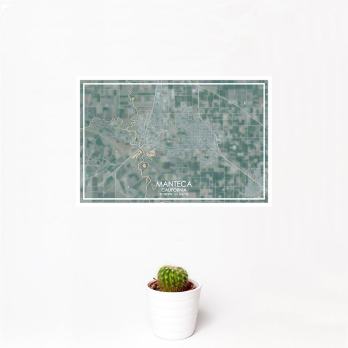 12x18 Manteca California Map Print Landscape Orientation in Afternoon Style With Small Cactus Plant in White Planter