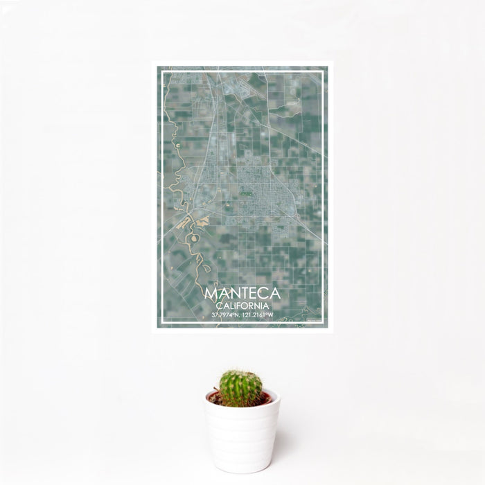 12x18 Manteca California Map Print Portrait Orientation in Afternoon Style With Small Cactus Plant in White Planter