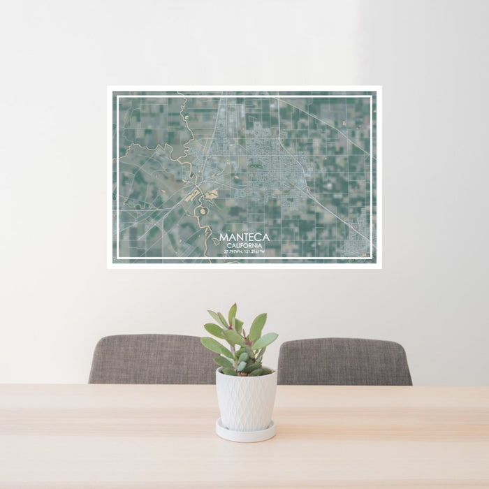 24x36 Manteca California Map Print Lanscape Orientation in Afternoon Style Behind 2 Chairs Table and Potted Plant