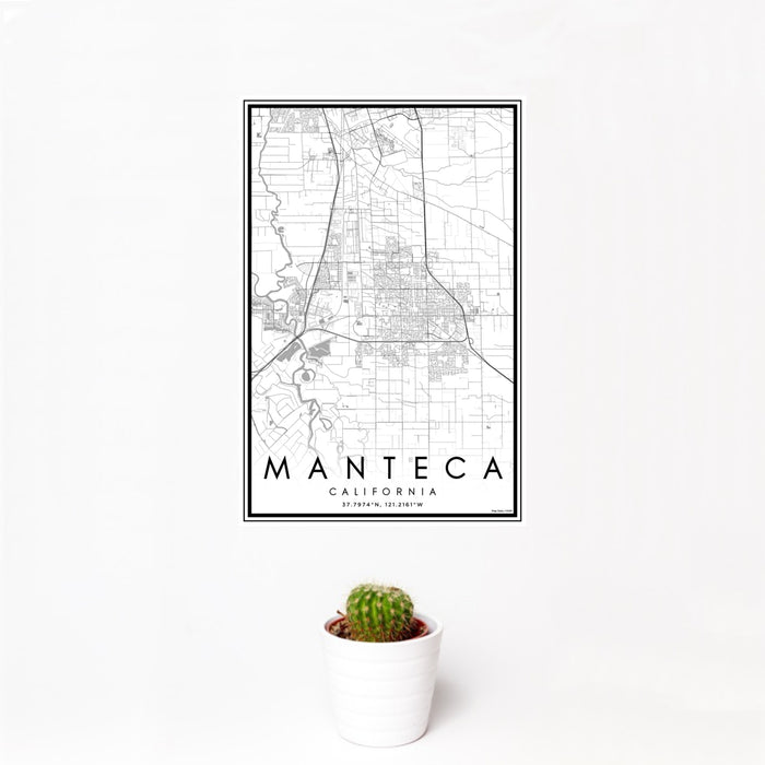 12x18 Manteca California Map Print Portrait Orientation in Classic Style With Small Cactus Plant in White Planter