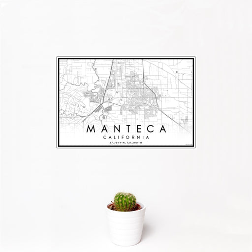 12x18 Manteca California Map Print Landscape Orientation in Classic Style With Small Cactus Plant in White Planter