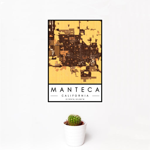 12x18 Manteca California Map Print Portrait Orientation in Ember Style With Small Cactus Plant in White Planter