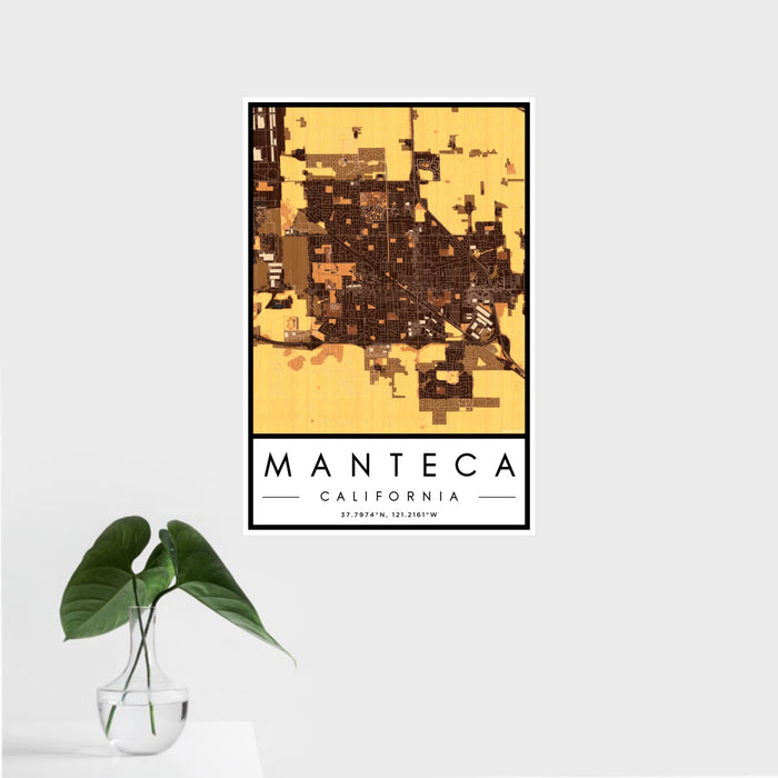 16x24 Manteca California Map Print Portrait Orientation in Ember Style With Tropical Plant Leaves in Water
