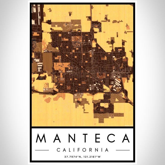 Manteca California Map Print Portrait Orientation in Ember Style With Shaded Background