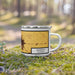 Right View Custom Manteca California Map Enamel Mug in Ember on Grass With Trees in Background