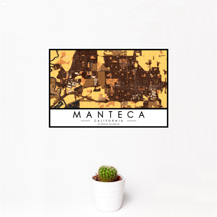 12x18 Manteca California Map Print Landscape Orientation in Ember Style With Small Cactus Plant in White Planter