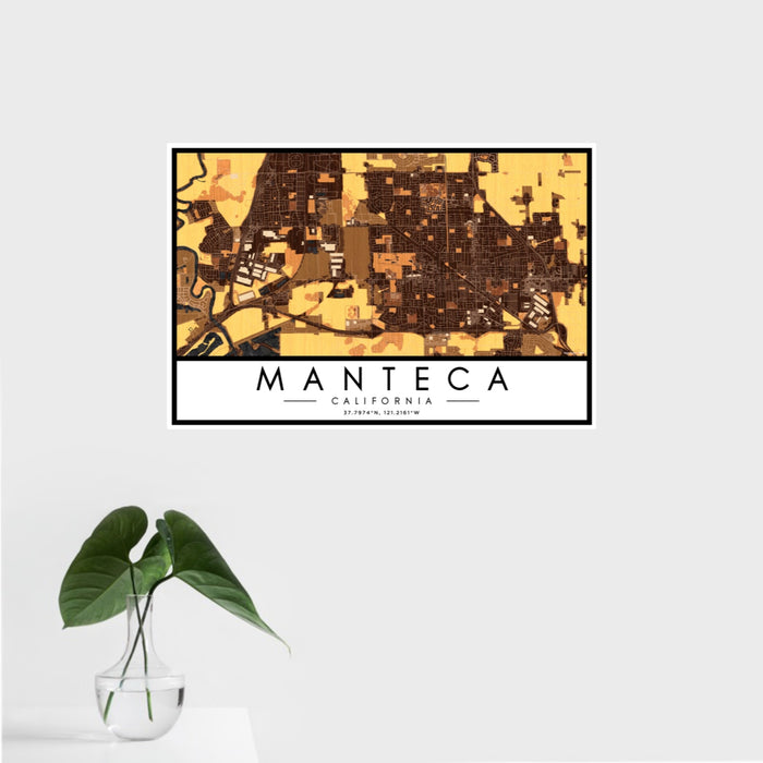 16x24 Manteca California Map Print Landscape Orientation in Ember Style With Tropical Plant Leaves in Water