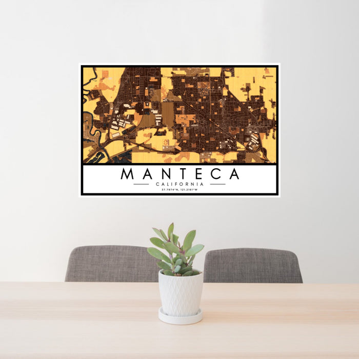24x36 Manteca California Map Print Landscape Orientation in Ember Style Behind 2 Chairs Table and Potted Plant