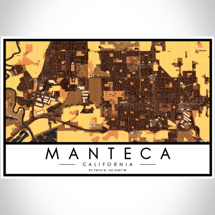 Manteca California Map Print Landscape Orientation in Ember Style With Shaded Background