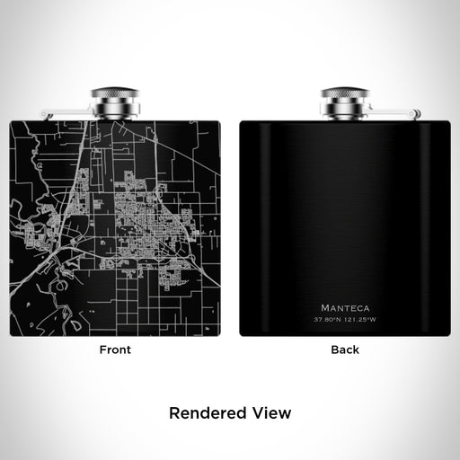 Rendered View of Manteca California Map Engraving on 6oz Stainless Steel Flask in Black