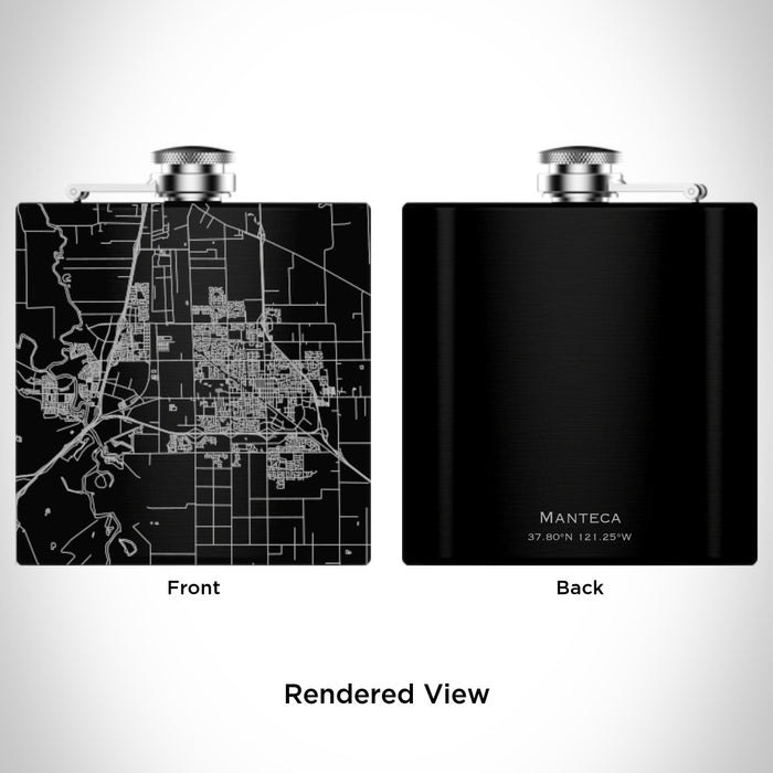 Rendered View of Manteca California Map Engraving on 6oz Stainless Steel Flask in Black