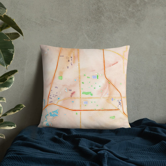 Custom Manteca California Map Throw Pillow in Watercolor on Bedding Against Wall