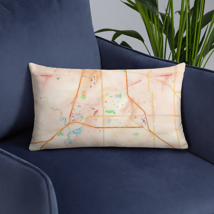 Custom Manteca California Map Throw Pillow in Watercolor on Blue Colored Chair