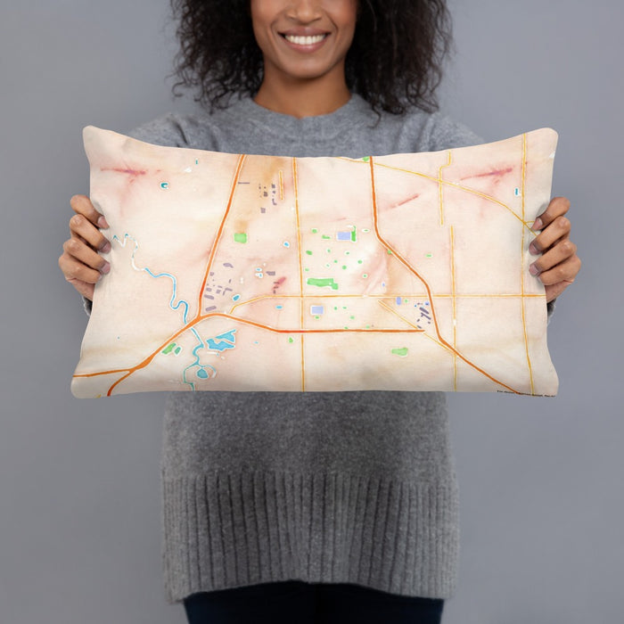 Person holding 20x12 Custom Manteca California Map Throw Pillow in Watercolor