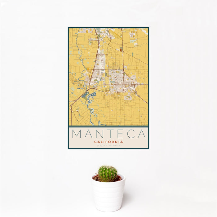12x18 Manteca California Map Print Portrait Orientation in Woodblock Style With Small Cactus Plant in White Planter