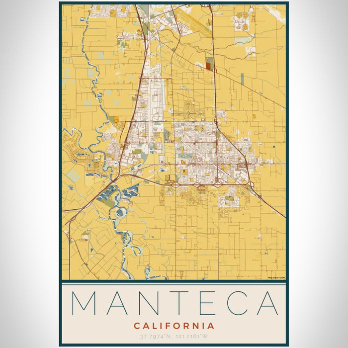 Manteca California Map Print Portrait Orientation in Woodblock Style With Shaded Background