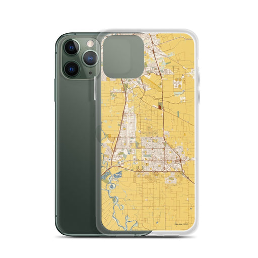 Custom Manteca California Map Phone Case in Woodblock on Table with Laptop and Plant