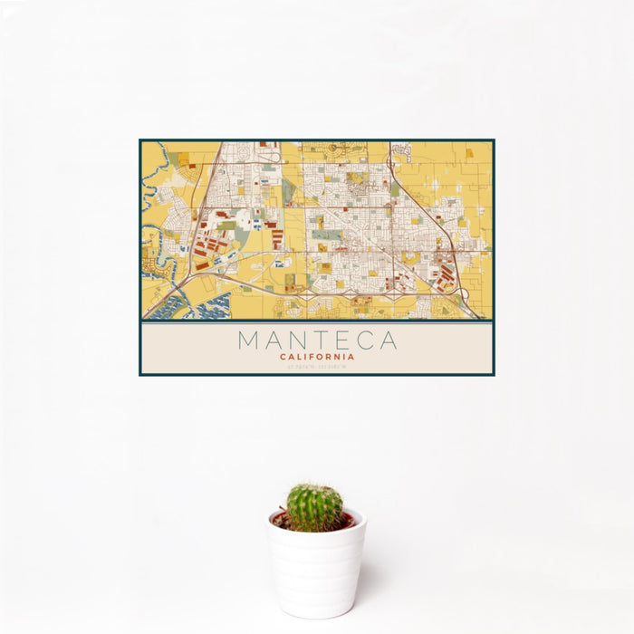 12x18 Manteca California Map Print Landscape Orientation in Woodblock Style With Small Cactus Plant in White Planter