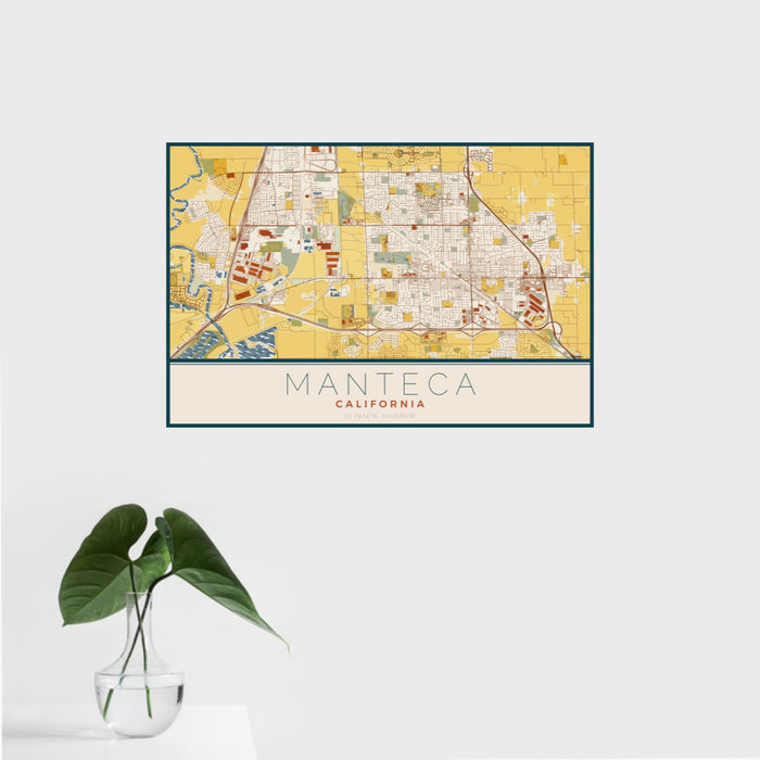 16x24 Manteca California Map Print Landscape Orientation in Woodblock Style With Tropical Plant Leaves in Water