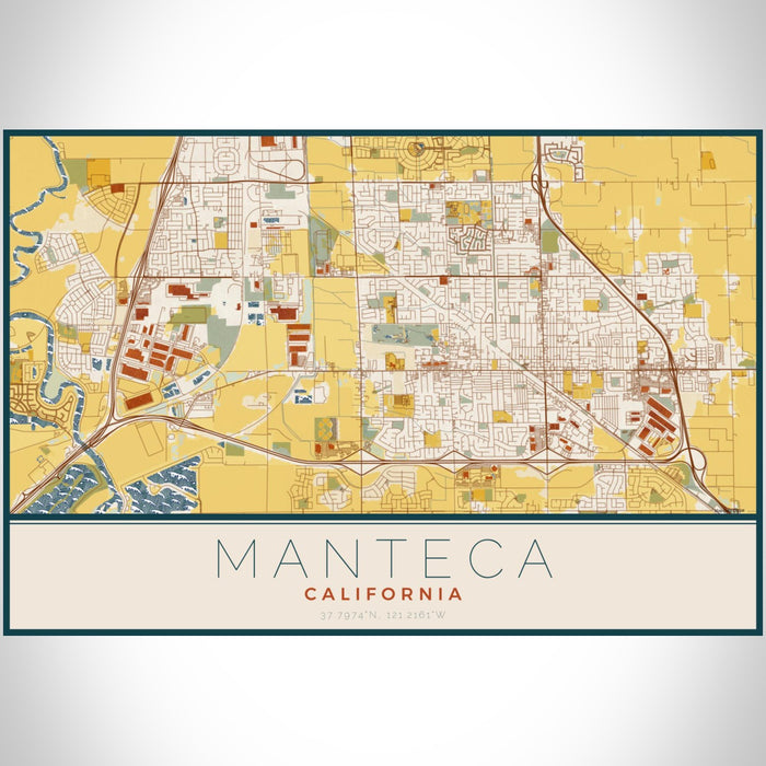 Manteca California Map Print Landscape Orientation in Woodblock Style With Shaded Background