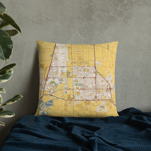 Custom Manteca California Map Throw Pillow in Woodblock on Bedding Against Wall