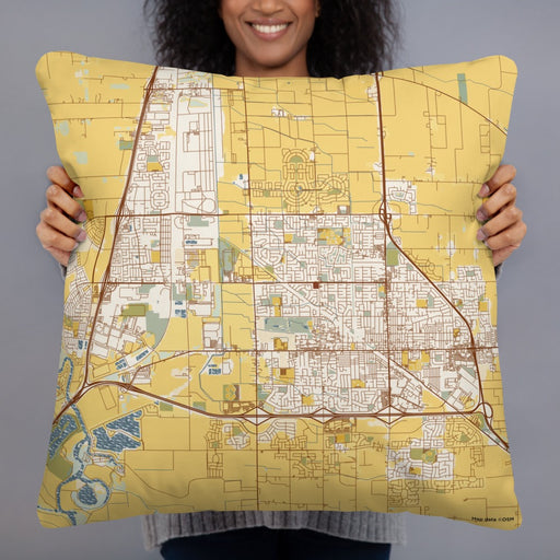 Person holding 22x22 Custom Manteca California Map Throw Pillow in Woodblock