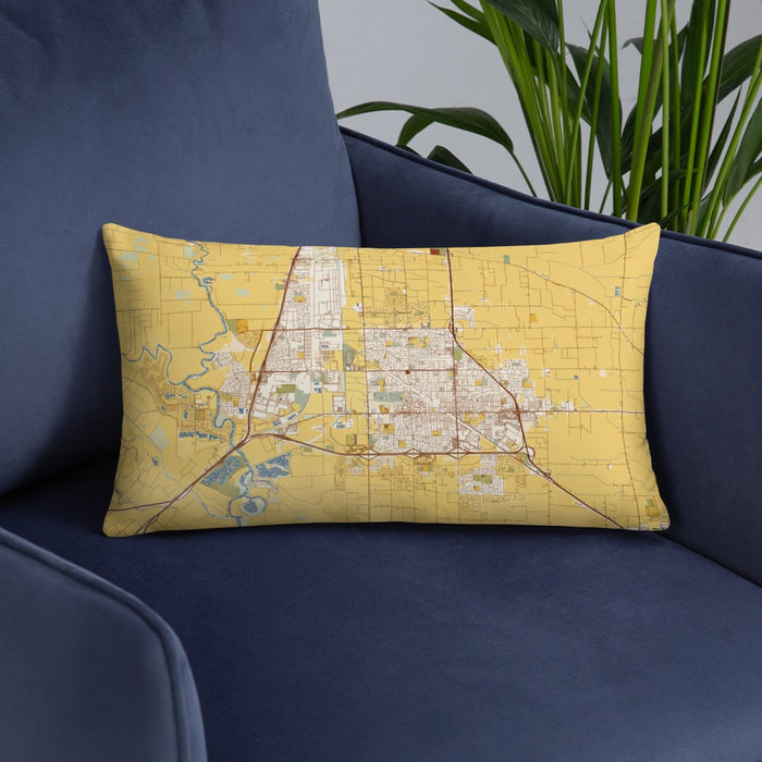 Custom Manteca California Map Throw Pillow in Woodblock on Blue Colored Chair