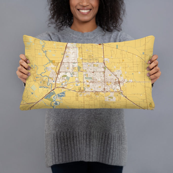 Person holding 20x12 Custom Manteca California Map Throw Pillow in Woodblock