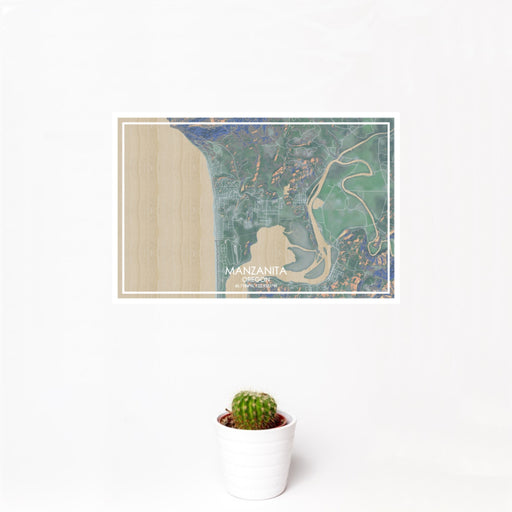 12x18 Manzanita Oregon Map Print Landscape Orientation in Afternoon Style With Small Cactus Plant in White Planter