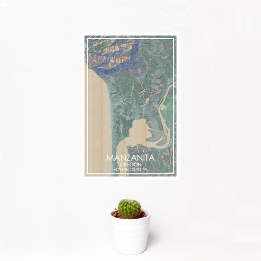 12x18 Manzanita Oregon Map Print Portrait Orientation in Afternoon Style With Small Cactus Plant in White Planter