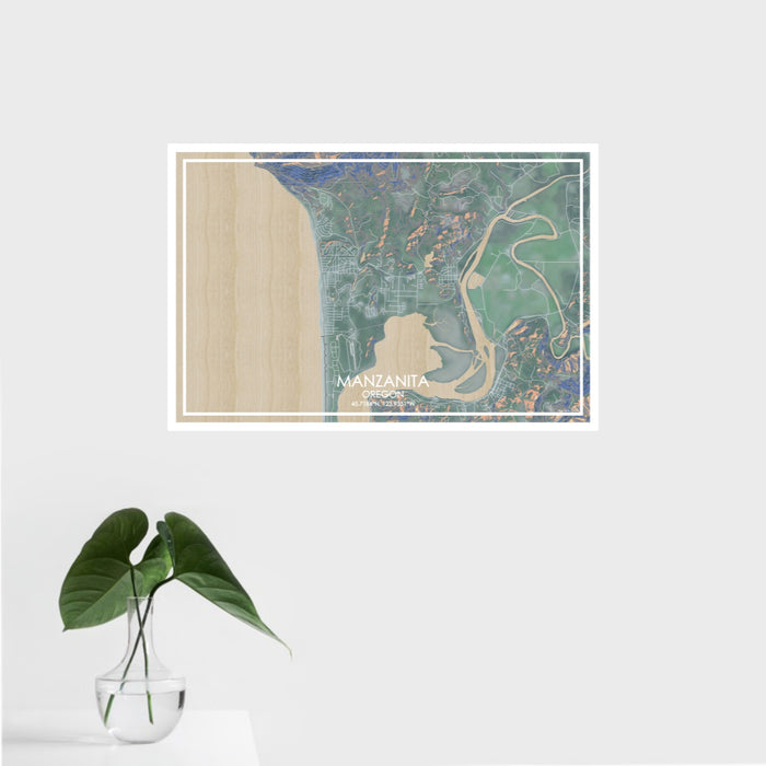 16x24 Manzanita Oregon Map Print Landscape Orientation in Afternoon Style With Tropical Plant Leaves in Water