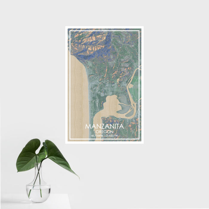 16x24 Manzanita Oregon Map Print Portrait Orientation in Afternoon Style With Tropical Plant Leaves in Water